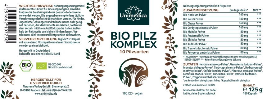 Bio Pilz Komplex - mit 10 Pilzsorten - u.a. Cordyceps, Shiitake, Reishi, Löwenmähne, Chaga, Hericium - 180 Kapseln - von Unimedica