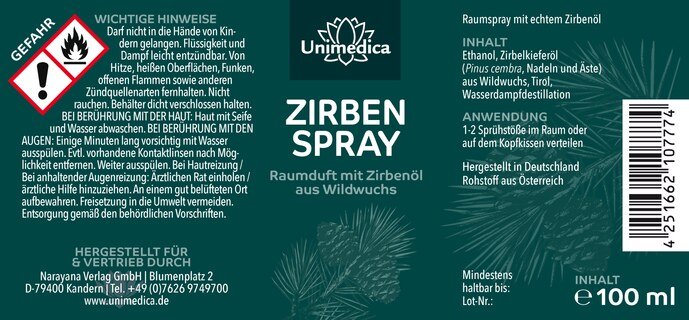 Zirbenspray - Raumduft mit Zirbenöl aus Wildwuchs - 100 ml - von Unimedica