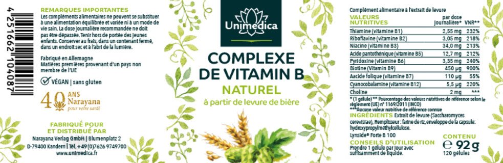 Lot de 2: Complexe naturel de vitamines B issu de la levure de bière - 2 x 120 gélules - par Unimedica