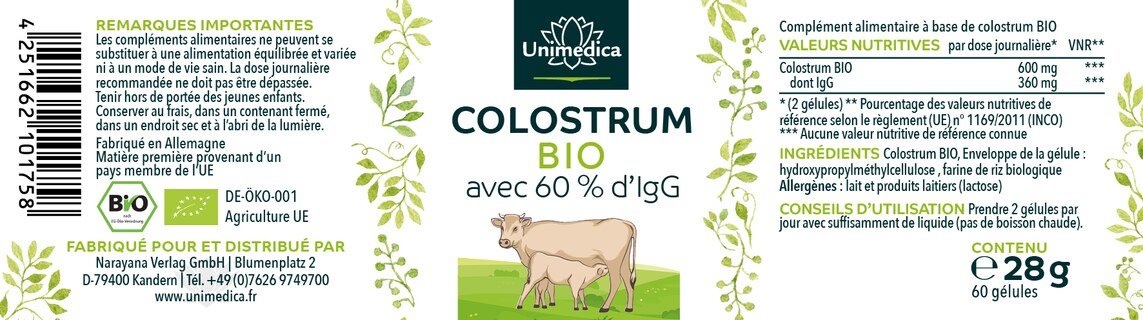 Lot de 2: Colostrum BIO - 600 mg par dose journalière - avec 60 % d'IgG - 2 x 60 gélules - par Unimedica