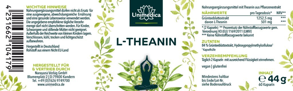 Set: L-Theanine  from green tea leaf extract  501 mg per daily dose  2 x 60 capsules  from Unimedica