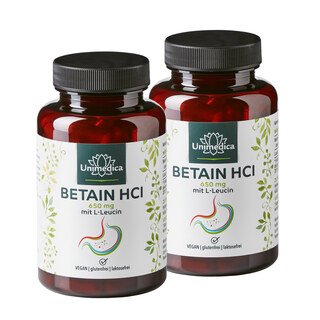 2er-Sparset: Betain HCl mit L-Leucin - 2.600 mg pro Tagesdosis (4 Kapseln) - 2 x 120 Kapseln - von Unimedica