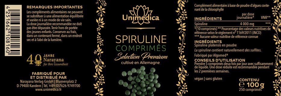 Spiruline Sélection Premium - 4 000 mg par dose journalière (10 comprimés) - cultivée en Allemagne - 250 comprimés - par Unimedica