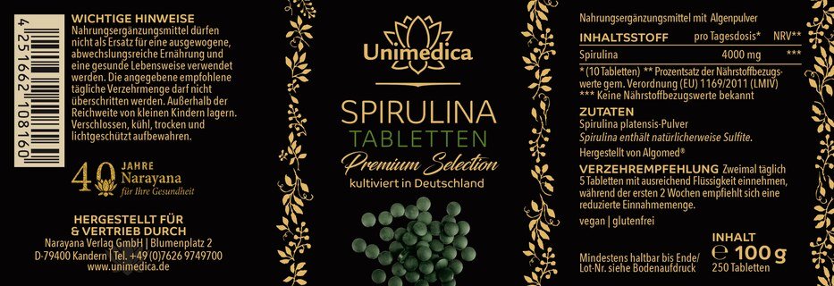 Spirulina Premium Selection - 4000 mg pro Tagesdosis (10 Tabletten) - kultiviert in Deutschland - 250 Tabletten - von Unimedica