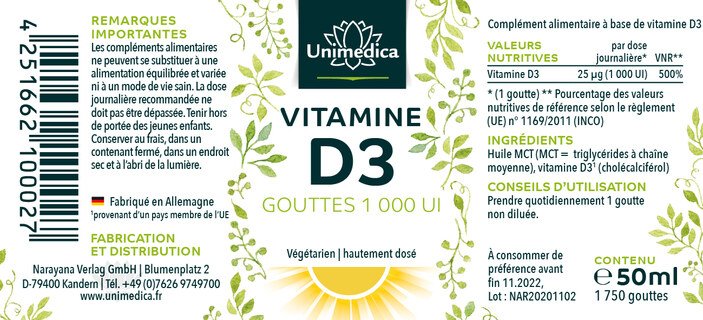 Vitamine D3 gouttes - 1000 U.I./25 µg par dose journalière - 50 ml - Unimedica - Offre spéciale courte durée de conservation