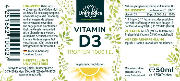 Vitamin D3 Drops - 1000 I.U./25 µg per daily dose - from Unimedica - 50 ml - Special offer short shelf life