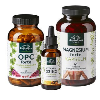 Lot: OPC Forte - 800 mg d'extrait de pépins de raisin - 180 gélules ET magnésium forte - 400 mg - 365 gélules ET Vitamine D3 / K2 MK7 All-trans 50 ml - par Unimedica/