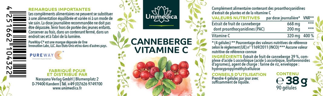 Lot: Extrait de canneberge - 500 mg par dose journalière - avec de la vitamine C - 2 x 90 gélules - par Unimedica