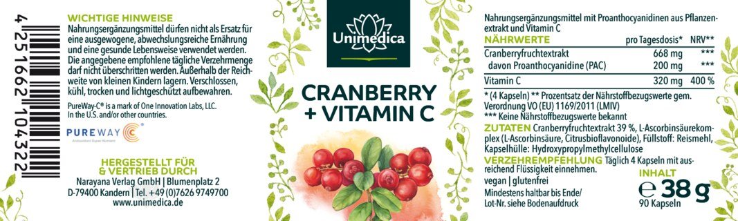 Lot de 2: Extrait de canneberge - 500 mg par dose journalière - avec de la vitamine C - 2 x 90 gélules - par Unimedica