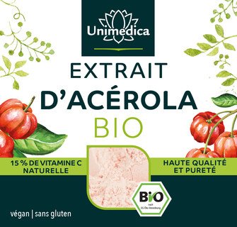 Poudre d'acérola bio -17% de vitamine C naturelle issue de la cerise acérola - 200 g - Unimedica - Offre spéciale courte durée de conservation