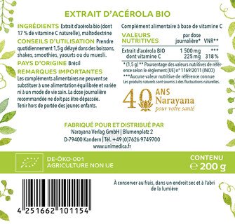 Poudre d'acérola bio -17% de vitamine C naturelle issue de la cerise acérola - 200 g - Unimedica - Offre spéciale courte durée de conservation