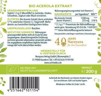 Bio Acerola Pulver - 17 % natürliches Vitamin C aus der Acerola-Kirsche -  200 g - von Unimedica - Sonderangebot kurze Haltbarkeit