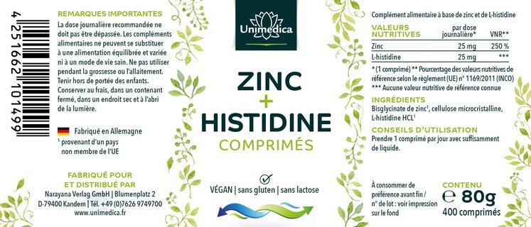 Zinc + histidine - 400 gélules - par Unimedica - Offre spéciale courte durée de conservation