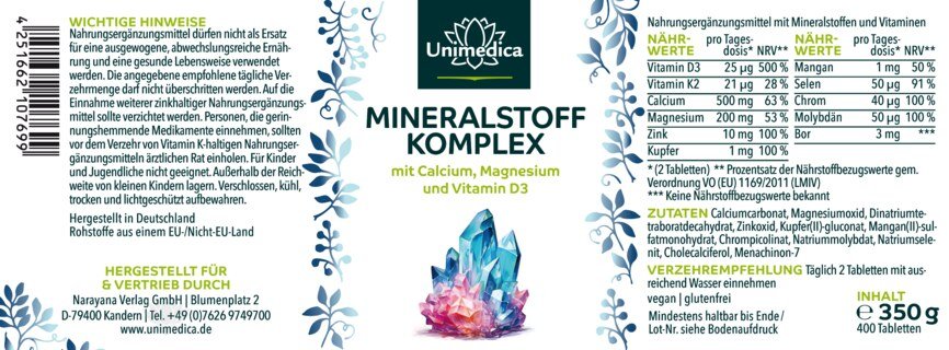 2er-Sparset: Mineralstoff Komplex - mit Calcium, Magnesium und Vitamin D3 - 2 x 400 Tabletten - von Unimedica