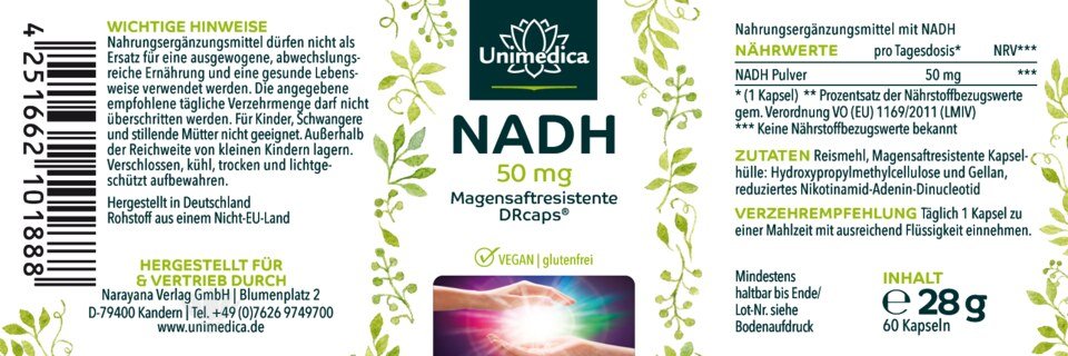 2er-Sparset: NADH - 50 mg pro Tagesdosis (1 Kapsel) - 2 x 60 magensaftresistente Kapseln - von Unimedica