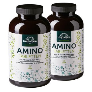 2er-Sparset: Amino Tabletten - 2 x 500 Tabletten à 1.000 mg - alle 18 essenziellen (EAA), semi-essenziellen (BCAA) und nicht-essenziellen Aminosäuren - von Unimedica/