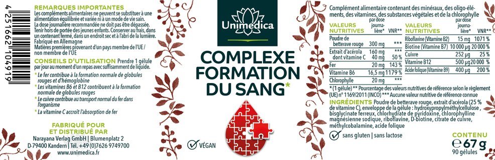 Lot de 2: Complexe formation du sang* - avec du fer, de l'acérola, de la chlorophylle, du cuivre et des vitamines - 2 x 90 gélules - par Unimedica