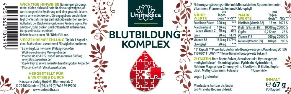 2er Sparset: Blutbildung* Komplex - mit Eisen, Acerola, Chlorophyll, Kupfer und Vitaminen - 2 x 90 Kapseln - von Unimedica