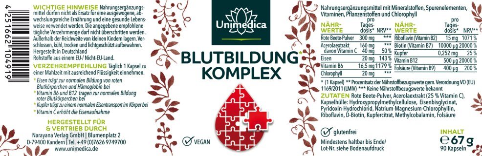 Lot de 2: Complexe formation du sang* - avec du fer, de l'acérola, de la chlorophylle, du cuivre et des vitamines - 2 x 90 gélules - par Unimedica