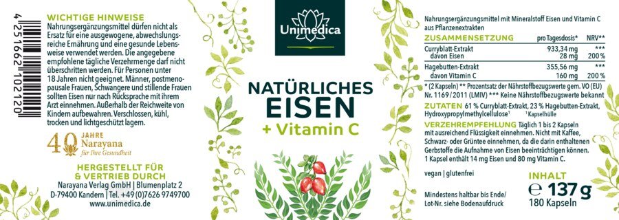 2er-Sparset: Natürliches Eisen aus Curryblatt Extrakt + Vitamin C aus Hagebutten Extrakt - 28 mg Eisen + 160 mg Vitamin C pro Tagesdosis (2 Kapseln) - 2 x 180 Kapseln - von Unimedica