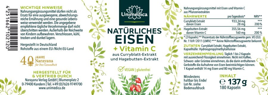 Lot de 2: Fer naturel issu d'extrait de feuille de curry + vitamine C issue d'extrait de cynorrhodon - 28 mg de fer + 160 mg de vitamine C par dose journalière  2 x 180 gélules - par Unimedica