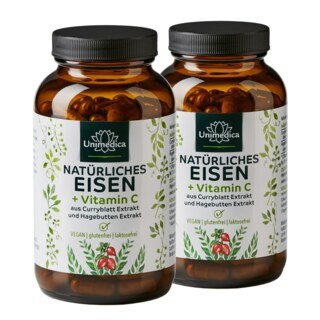 Lot de 2: Fer naturel issu d'extrait de feuille de curry + vitamine C issue d'extrait de cynorrhodon - 28 mg de fer + 160 mg de vitamine C par dose journalière  2 x 180 gélules - par Unimedica/