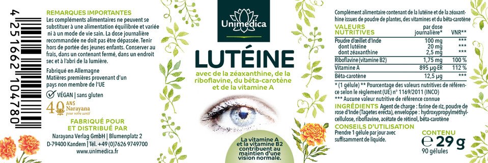 Lot: Lutéine - avec zéaxanthine + vitamine B2 + bêta-carotène + vitamine A - 2 x 90 gélules - par Unimedica