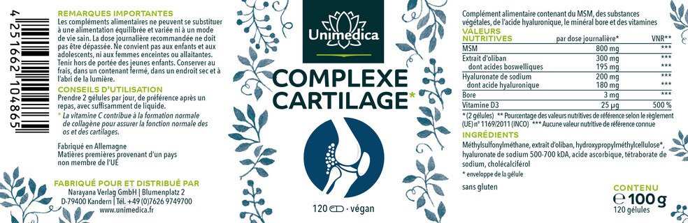 Complexe Cartilage - avec MSM + acide hyaluronique + vitamines + oliban - 2 x 120 gélules - par Unimedica