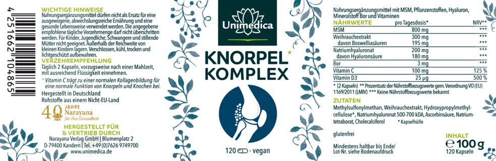 2er-Sparset: Knorpel* Komplex - mit MSM + Weihrauch + Hyaluron + Bor + Vitaminen - 2 x 120 Kapseln - von Unimedica