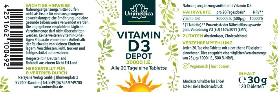 2er-Sparset: Vitamin D3 Depot 20.000 I.E. (Jeden 20.Tag 1 Tablette) - 2 x 120 Tabletten - von Unimedica