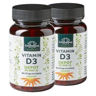 2er-Sparset: Vitamin D3 Depot 20.000 I.E. (Jeden 20.Tag 1 Tablette) - 2 x 120 Tabletten - von Unimedica/