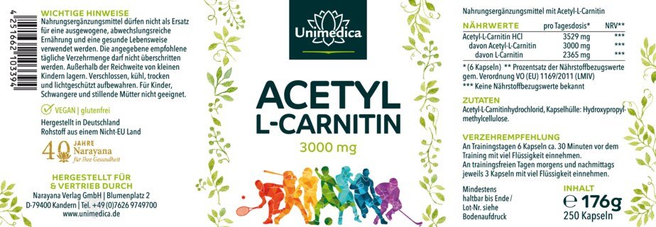 2er-Sparset: Acetyl L-Carnitin - 3000 mg pro Tagesdosis (6 Kapseln) - 2 x 250 Kapseln - von Unimedica