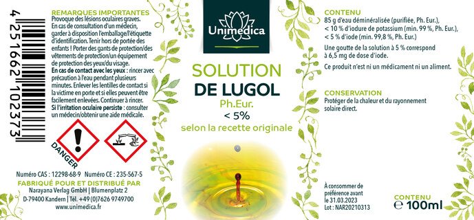 Solution de Lugol < 5 %, (solution d'iode) - originale (iode / iodine) - 100 ml - par Unimedica - Offre spéciale courte durée de conservation