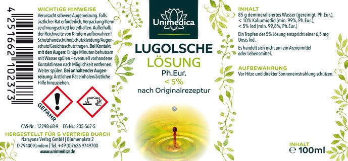 Solution de Lugol < 5 %, (solution d'iode) - originale (iode / iodine) - 100 ml - par Unimedica - Offre spéciale courte durée de conservation