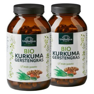 Lot de 2: Curcuma BIO  à l'herbe d'orge BIO d'Allemagne  2 700 mg de curcuma BIO et 1 500 mg d'herbe d'orge BIO par dose journalière (6 gélules) - 2 x 240 gélules - par Unimedica/