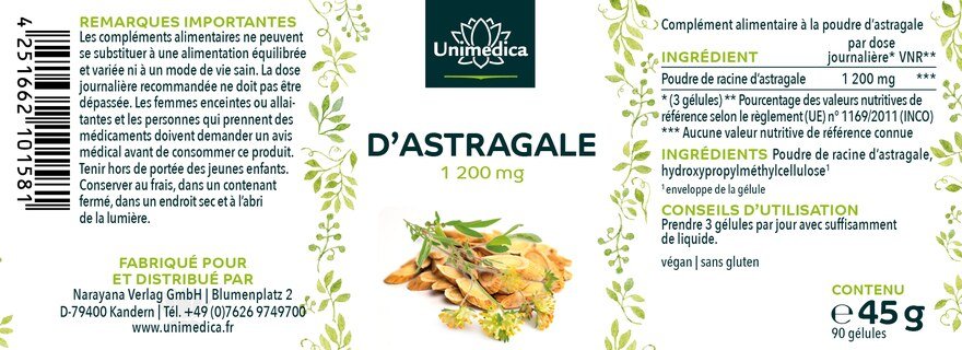 Astragale  1 200 mg par dose journalière - 90 gélules - par Unimedica