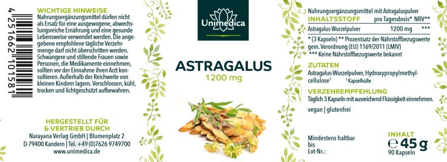 Astragalus - 1.200 mg pro Tagesdosis - 90 Kapseln - von Unimedica