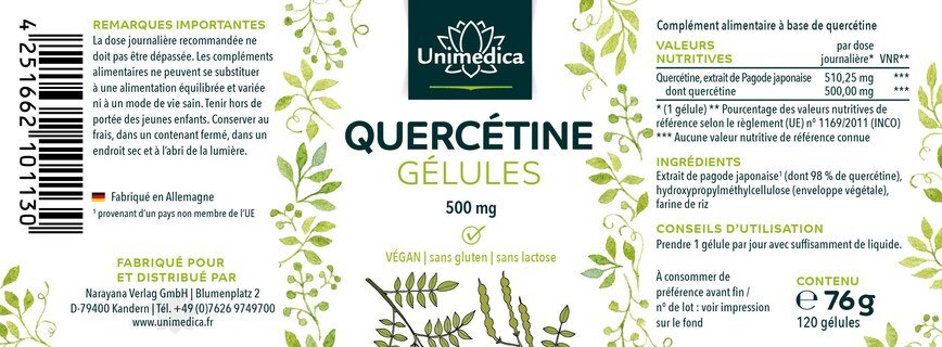 Quercétine - 500 mg par dose journalière (1 gélule) - 120 gélules - par Unimedica - Offre spéciale courte durée de conservation