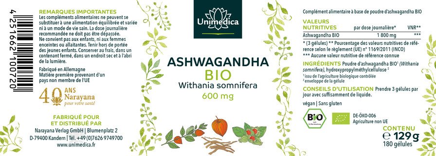 Lot de 2: Ashwagandha BIO  1 800 mg par dose journalière (3 gélules)  hautement dosé - 2 x 180 gélules - par Unimedica