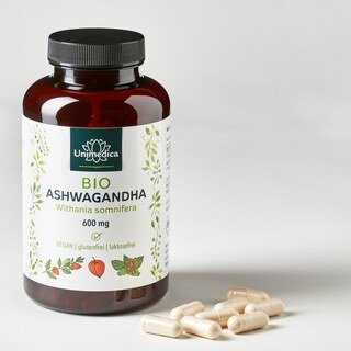 Lot de 2: Ashwagandha BIO  1 800 mg par dose journalière (3 gélules)  hautement dosé - 2 x 180 gélules - par Unimedica