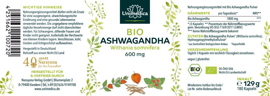 Lot de 2: Ashwagandha BIO  1 800 mg par dose journalière (3 gélules)  hautement dosé - 2 x 180 gélules - par Unimedica