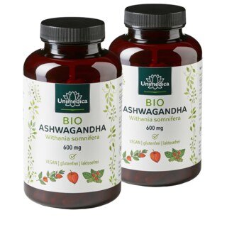 Lot de 2: Ashwagandha BIO  1 800 mg par dose journalière (3 gélules)  hautement dosé - 2 x 180 gélules - par Unimedica/