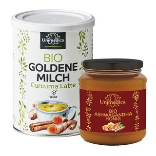 Lot: Miel à l'ashwagandha BIO miel de fleurs de printemps - crémeux - origine Allemagne - 250 g + Lait doré BIO - curcuma latte - 250 g - par Unimedica/