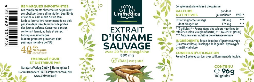 Lot de 2: Extrait de Wild Yam  - 880 mg par dose journalière (2 gélules) - avec 20 % de diosgénine - 2 x 180 gélules - Unimedica