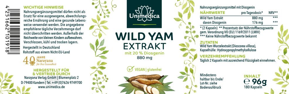 2er-Sparset: Wild Yam Extrakt - 880 mg pro Tagesdosis (2 Kapseln) - mit 20 % Diosgenin - 2 x 180 Kapseln - von Unimedica