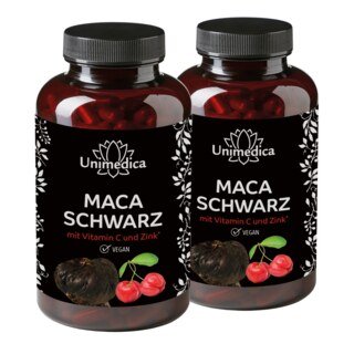 Lot de 2: Maca noire avec de la vitamine C issue de l'acérola et zinc  3 000 mg par dose journalière (4 gélules) - 2 x 180 gélules - par Unimedica/