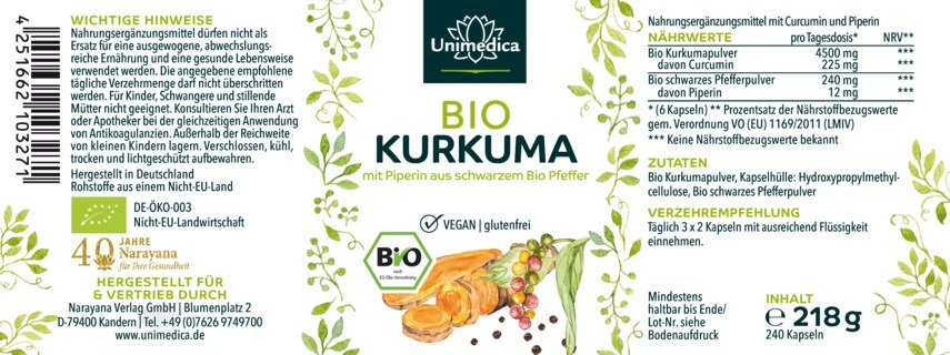 2er-Sparset: Bio Kurkuma mit schwarzem Bio Pfeffer - mit 225 mg Curcumin und 12 mg Piperin pro Tagesdosis (6 Kapseln) - 2 x 240 Kapseln - Unimedica