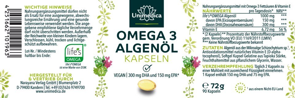 2er-Sparset: Vegane Omega 3 Algenöl Kapseln - mit 300 mg DHA und 150 mg EPA pro Tagesdosis (2 Kapseln) - 2 x 90 Kapseln - von Unimedica