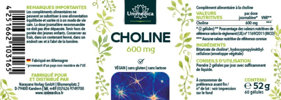 Lot de 2: Choline - 600 mg - 2 x 60 gélules - par Unimedica