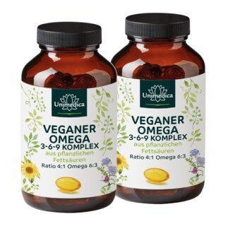 2er-Sparset: Veganer Omega 3-6-9 Komplex - aus pflanzlichen Omega-Fettsäuren - 2 x 180 Softgelkapseln - vegan - von Unimedica/